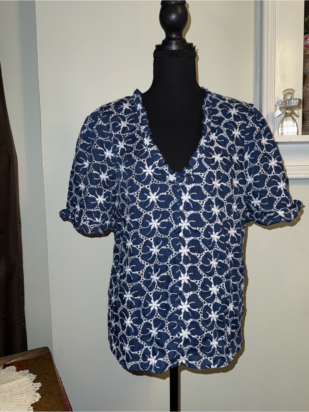 Siamoise Navy Floral Eyelet V-Neck Blouse